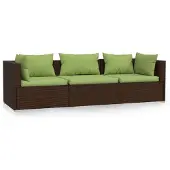 vidaXL Bank 3-zits met kussens poly rattan bruin