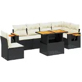 vidaXL 7-delige Loungeset met kussens poly rattan zwart