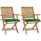 vidaXL Inklapbare stoelen 2 st met groene kussens massief teakhout