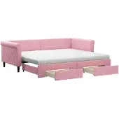 vidaXL Slaapbank met onderschuifbed en lades 90x200 cm fluweel roze