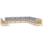 vidaXL 11-delige Loungeset met grijze kussens massief grenenhout