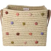 Rice Raffia Square With Dots And Leather Handles Mand