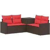 vidaXL Set van 5 tuinmeubels. Bruin en rood. Gemaakt van polyrotan en staal