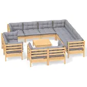 vidaXL 12-delige loungeset voor de tuin met grijze kussens, gemaakt van massief grenenhout