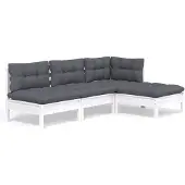 vidaXL 4-delige loungeset voor de tuin met kussens, wit, van grenenhout
