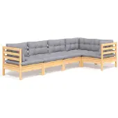 vidaXL 5-delige loungeset voor de tuin met grijze kussens, gemaakt van grenenhout
