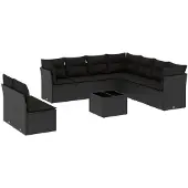 vidaXL 10-delige Loungeset met kussens poly rattan zwart