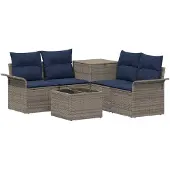 vidaXL Bankstel 6 st 4-zits Grijs en Marineblauw Poly Rattan en Staal