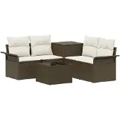 vidaXL - Bankstel - 6 - st - 4-zits - Bruin - en - Crème - Wit - Poly - Rattan - en - Staal
