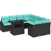 vidaXL Tuinbank Set 9 st Zwart en Blauw poly rattan