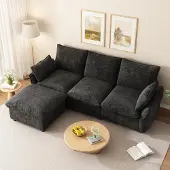 MODFU L-vormige hoekbank van chenille, modulaire relaxbank, 3-zitsbank met hocker en kussens, moderne loungebank, donkergrijs