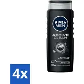 Nivea 4 x MEN - Douchegel - Active Clean - 500 ml - Douchegel Mannen - Actief Houtskool - Reinigende Douchegel - Lichaam Reinigen - Gezicht Reinigen