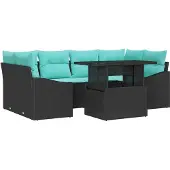 vidaXL Tuinbank Set 7 st Zwart en Blauw Poly rattan