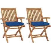 vidaXL Set van 2 klapstoelen met blauwe kussens, gemaakt van massief teakhout.