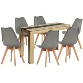 Sonstiges Eetset: Tafel met 6 stoelen, rechthoekig, eikenhout/zwart, 110 cm, grijs