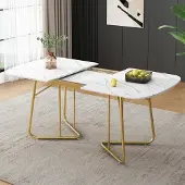 Sonstiges Eettafel, uitschuifbaar, wit, met marmerlook, vergulde metalen poten, 180x80x75 cm