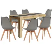 Sonstiges Eetset: Tafel met 6 stoelen, rechthoekig, eikenhout, 140 cm, zwart/grijs
