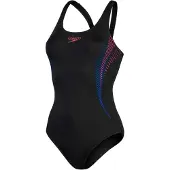 Speedo Dameszwempak met abstracte print en muscleback-ontwerp (Zwart, Rood)