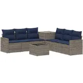 vidaXL Bankstel 8 st Grijs en Marineblauw Poly Rattan en Staal