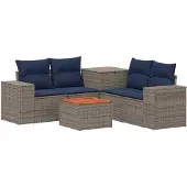 vidaXL Bankstel 6 st Grijs en Marineblauw Poly Rattan en Staal