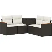 vidaXL Bankstel 5 st Zwart en Crème Wit Poly Rattan en Staal