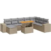 vidaXL 9-delige tuinmeubelset met kussens, grijs, polyrotan, acaciahout