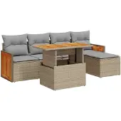 vidaXL 6-delige tuinmeubelset met kussens, beige, polyrotan, acaciahout