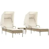 vidaXL Ligbedden 2 st met luifels en tafel poly rattan beige