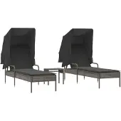 vidaXL Ligbedden 2 st met luifels en tafel poly rattan grijs