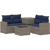 vidaXL Bankstel 6 st Grijs en Marineblauw Poly Rattan en Staal