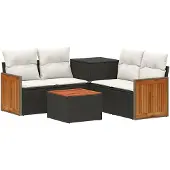 vidaXL Bankstel 6 st Zwart en Crème Wit Poly Rattan en Staal