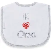 Funnies geborduurd tekst slabbetje: Ik hartje oma (rood)