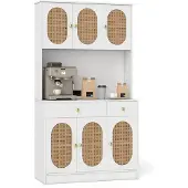 Costway Keukenkast met 2 stopcontacten en 2 USB, rotan deuren, wit