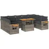 vidaXL 10-delige loungeset voor de tuin met kussens, grijs, polyrotan, acaciahout