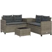 vidaXL Tuinset met L-vormige bank, tafel en kussens, grijs, polyrotan