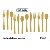 Wefiesta 108-delige set herbruikbaar bestek goud - Diner BBQ themafeest