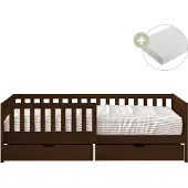 Sunny Isa Kinderbed van Hout met 2 Lades | Bed in Bruin Inclusief Hybrid Matras 90x200 (14 cm, Hybrid foam, Polyester Hoes) | Kajuitbed met Valbeveiliging | Volledige afmetingen 206 x 98 x 65 cm