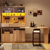 MODFU -Hoge Kast-Schrijfbureau-Bartafel-LED-App-Glastüren-Pegboard-Natuurbruin