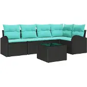 vidaXL Tuinset met 6 zitplaatsen, zwart en turquoise, van polyrotan