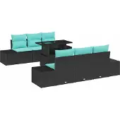 vidaXL Bankset, 7-delig, 6 zitplaatsen, zwart en blauw, polyrotan