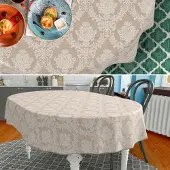ANRO Tafelkleed Barok ornament Beige Ovaal 160x140cm Met sierband Afwasbaar Waterafstotend