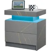 MODFU Nachtkastje met 2 Lades - LED Verlichting Multicolor - Grijs en Goud - Modern Slaapkamermeubel - 49x34,8x52,1 cm