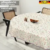 ANRO Tafelkleed Iris bloemen Beige Ovaal 160x140cm Met sierband Afwasbaar Waterafstotend
