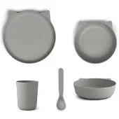 Liewood Paul kinderservies set van PLA "Cat dove blue", 4-delig, biologisch kunststof