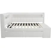 MODFU Bedbank 90x200 cm – Wit Gestoffeerd – Met LED (7 kleuren), USB, 2 Laden & Schoenenkast – Max. 150 kg – 12 Latten – Bank, Bed en Opbergruimte in één – Perfect voor Logeerkamer