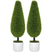 Aosom Set van 2 kunstplanten inclusief plantenbak en kunstmos; kunstcipres, wit en groen