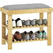 HOMCOM Schoenenbank-Bamboe, polyester-60 x 29 x 49 cm-Grijs + natuurhout