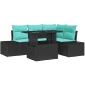 vidaXL Tuinset, 6 stuks, 4 zitplaatsen, zwart en blauw, polyrotan