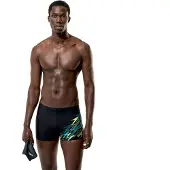 Speedo Medley Logo Aquashort Heren - Strakke Zwembroek Heren met Vormvaste Pasvorm - Zwemboxer Heren met Voering - Sportzwembroek Heren met Trekkoord - Zwart/Groen - S
