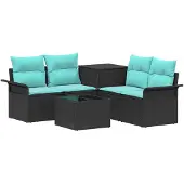 vidaXL Bankstel 6 st 4-zits Zwart en Blauw Poly Rattan en Staal